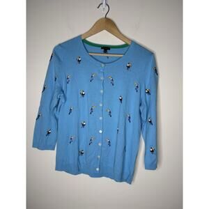 Talbots Size L Toucan Bird Embroidered Cardigan Sweater Blue 3/4 Sleeve Novelty